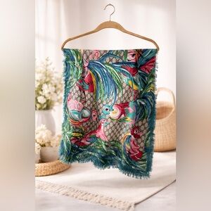 🦜✨ Colorful Bird Print Scarf / Wrap – Fringe Edges ✨🦜